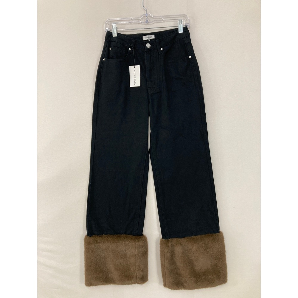 New WeWoreWhat‎ size 27 Straight Leg Jeans Black Denim & Brown Faux Fur Boho